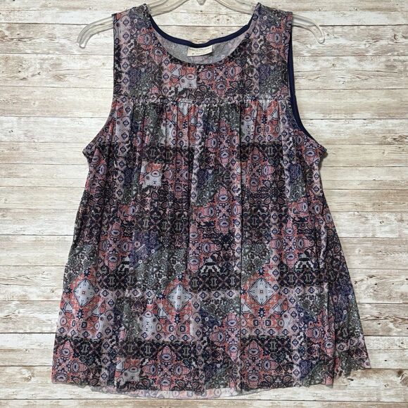 Bobbie Brooks Sleeveless Blouse Tank Womens 2X Blue Lined Geometric Raw Hem - Picture 1 of 12